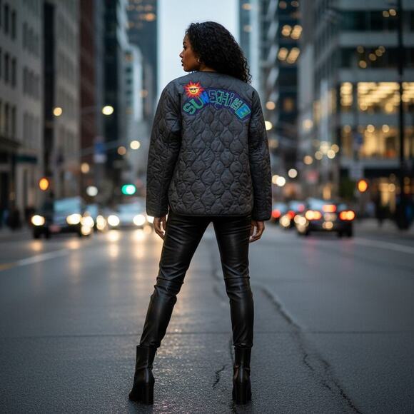 First Row Denim Sunshine Black Quilted Jacket Small Streetwear Bomber NWT - Picture 8 of 12